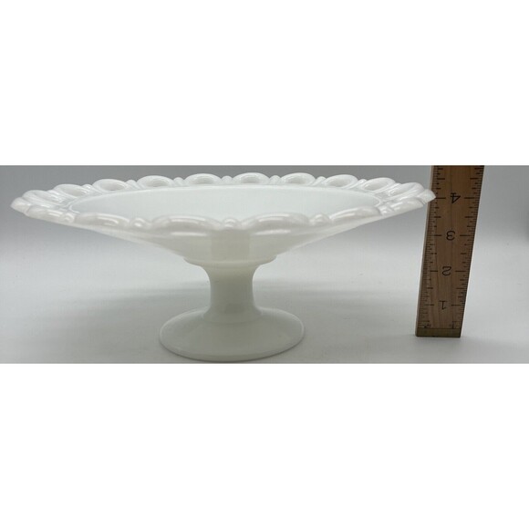 Anchor Hocking Serving Bowl Pedestal Milk Glass Lace Edge Compote Dish Stand - Picture 5 of 6